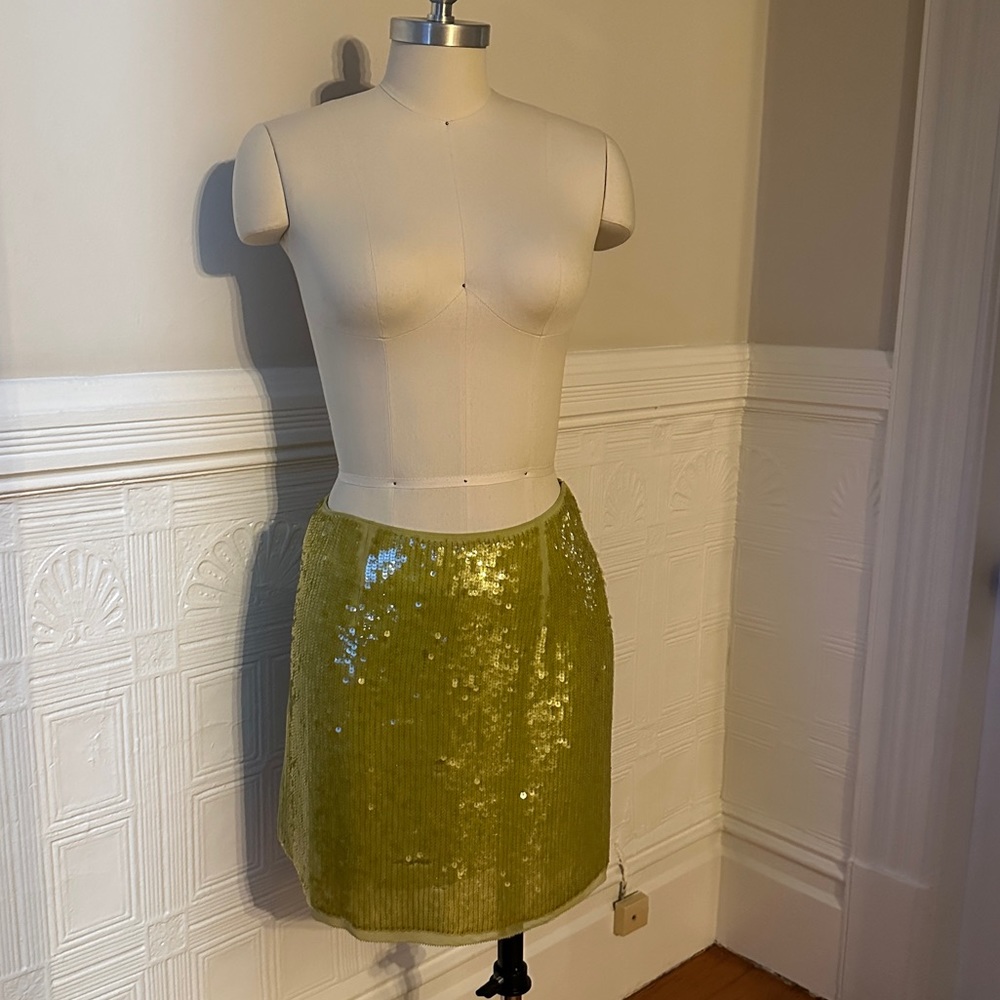 Rachel Roy Lime Green, Drop Waist Sequin Mini Skirt - Y2K Gah Rave Holiday Party